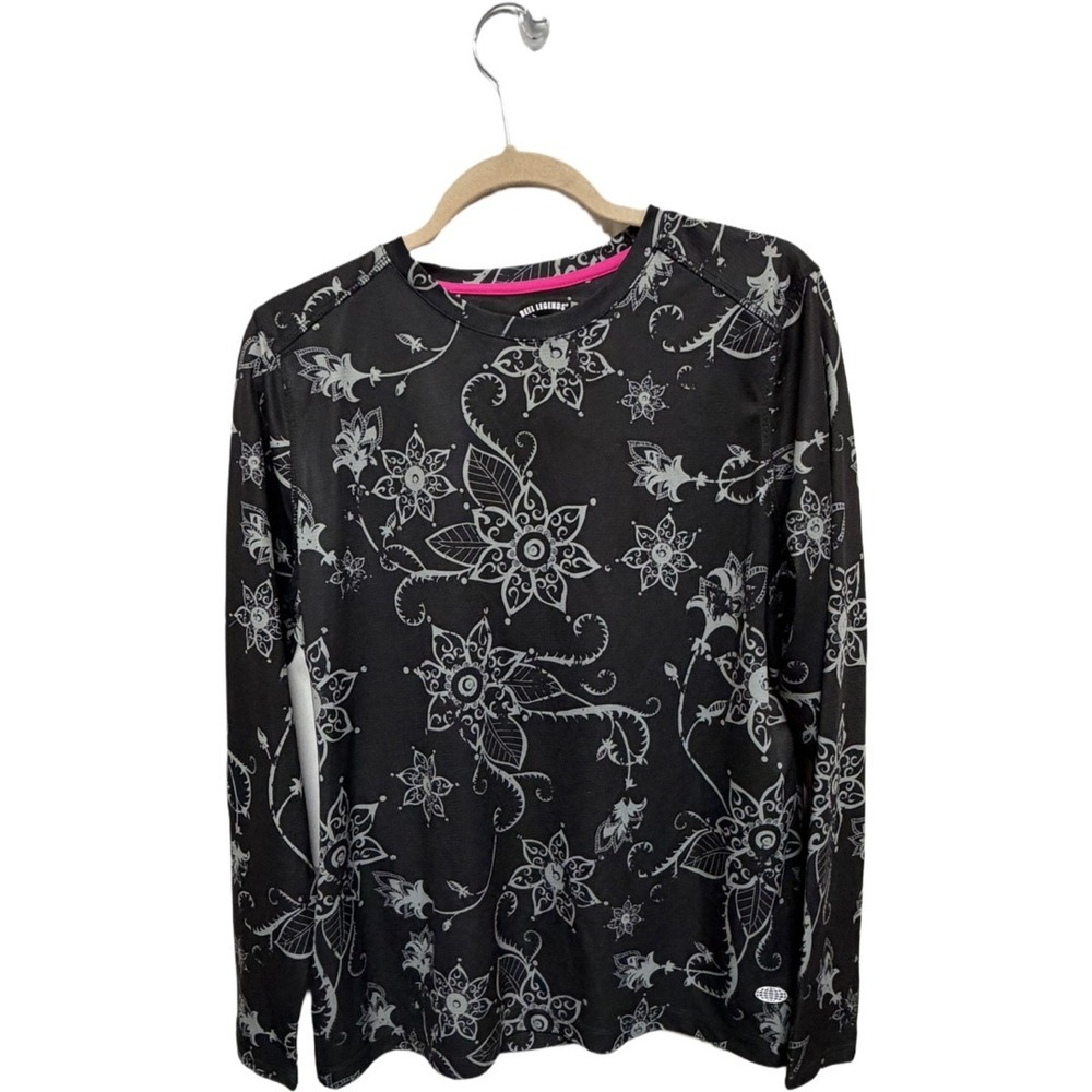 Reel Legends Performance Fishing Shirt Large Black Floral Long Sleeve UPF Cover